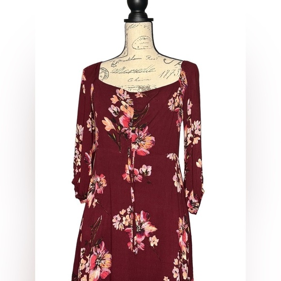 The Lulus Ardleigh Burgundy Floral Print Off-the-Shoulder Dress M 3/4 sleeve EUC - Picture 5 of 11